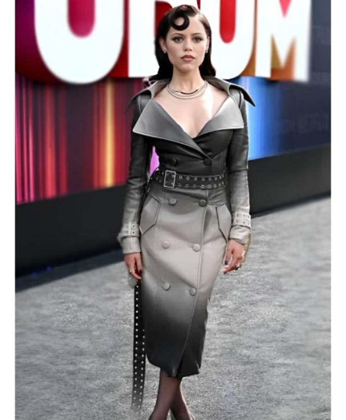 Jenna Ortega Netflix Tudum 2025 Leather Coat