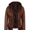 Womens Leather With Removable Hood Bomber Jacket