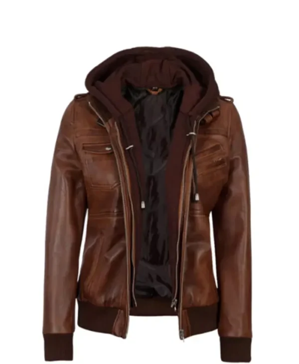 Womens Leather With Removable Hood Bomber Jacket