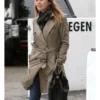 American Actress Ellen Pompeo Regen Projects Grey Mid Length Trench Coat