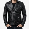 Black Biker Buston Shining Leather Jacket For Mens