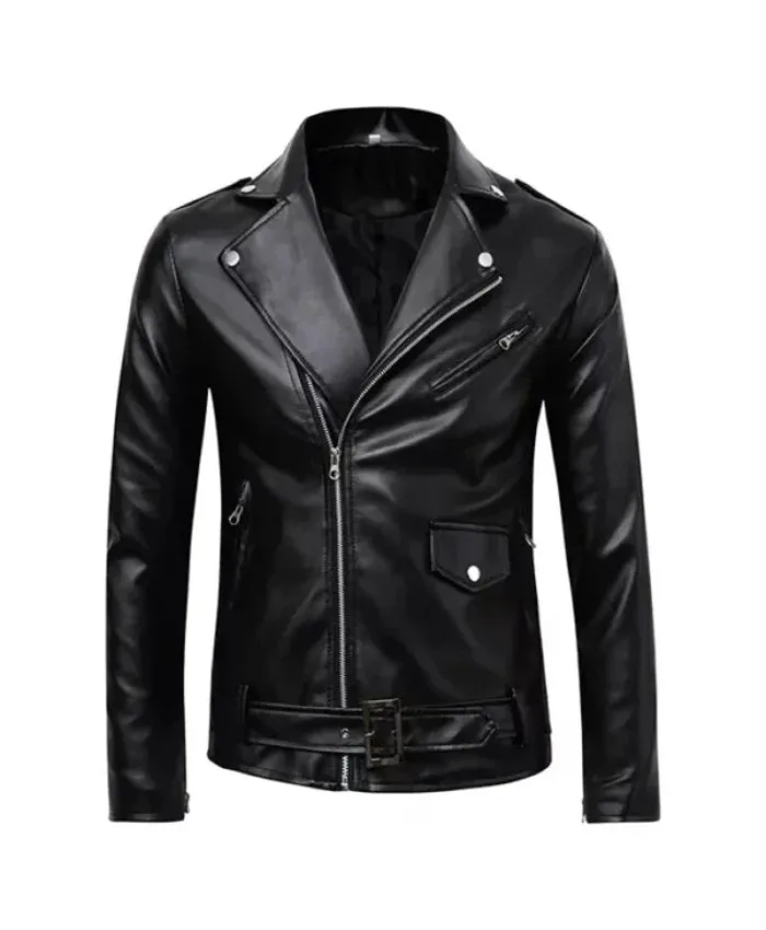 Mens Buston Black Shining Leather Biker Jacket