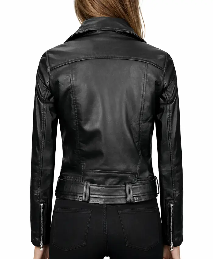 Black Leather Asymmetrical Biker Jacket For Womens