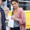 Shop Happy Hour 2025 Katie Holmes Oversized Plaid Pink Shirt