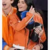 Shop Kylie Jenner Knicks Game 2025 Orange Leather Jacket