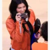 Knicks Game 2025 Kylie Jenner Orange Leather Jacket