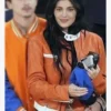 Knicks Game Kylie Jenner Orange Leather Jacket