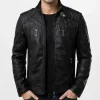 Mens Black Biker Quilted Slim Fit Leather Jacket