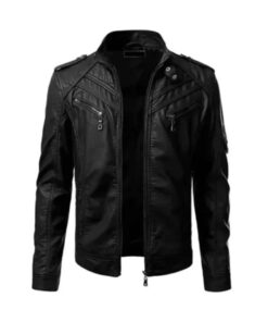 Mens Black Slim Fit Quilted Biker Leather Jacket