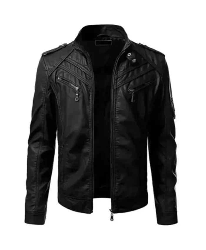 Mens Black Slim Fit Quilted Biker Leather Jacket