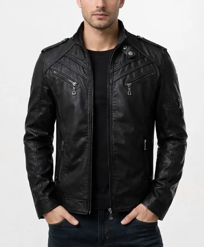 Mens Black Biker Quilted Slim Fit Leather Jacket