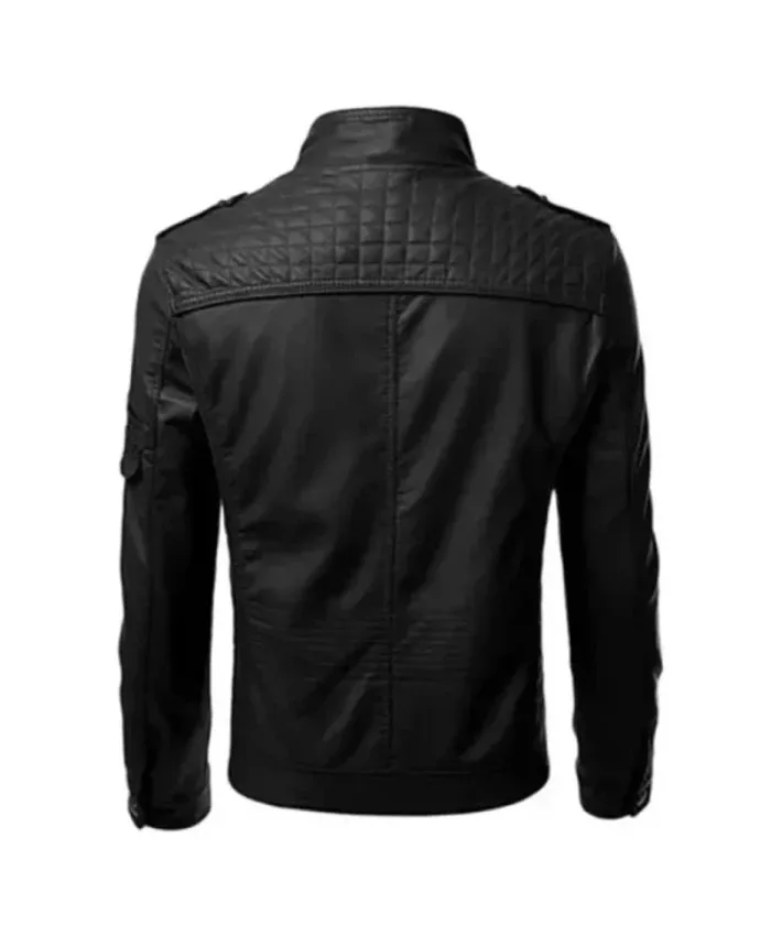 Mens Black Biker Quilted Slim Fit Leather Jacket