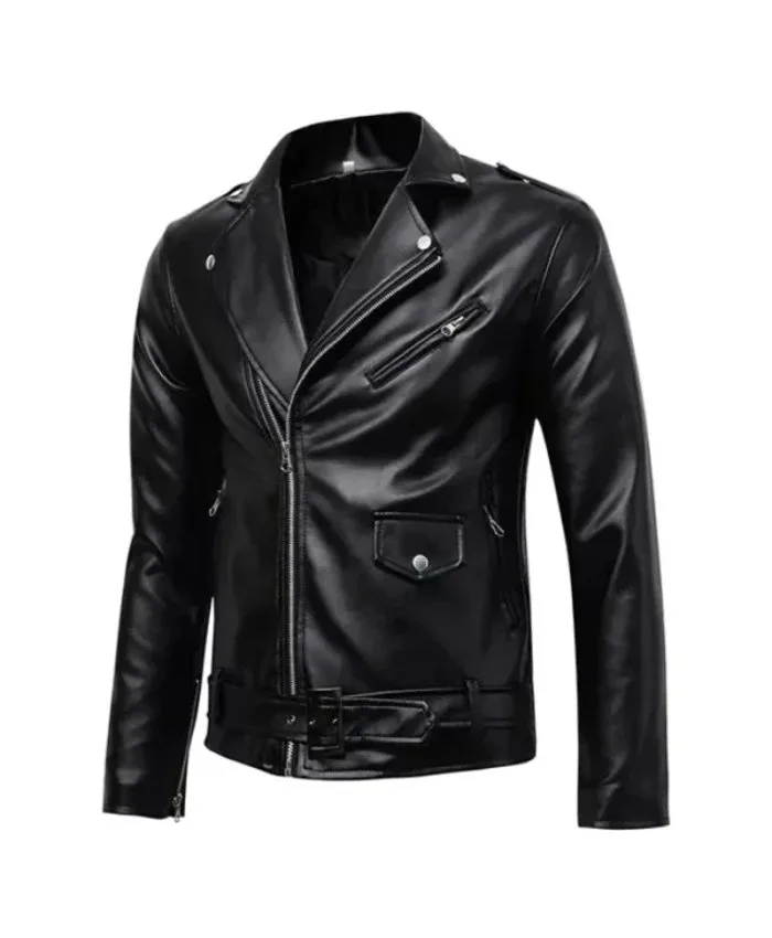 Black Biker Buston Shining Leather Jacket For Mens