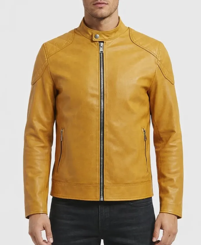 Mens Yellow Cafe Racer Leather Jacket