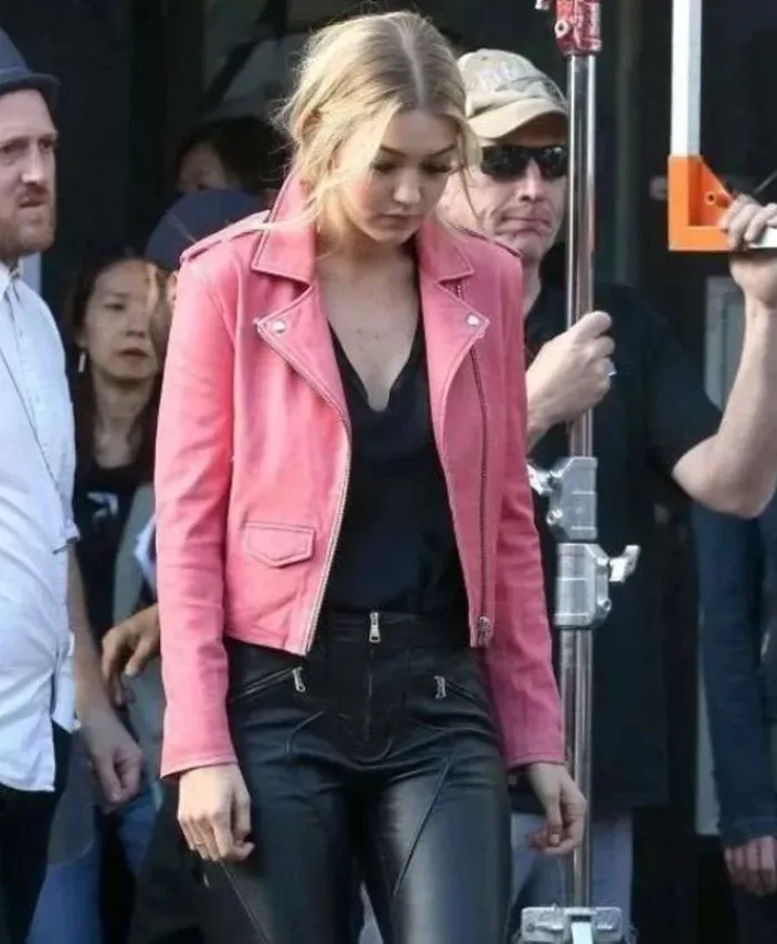 Gigi Hadid Pink Biker Leather Jacket
