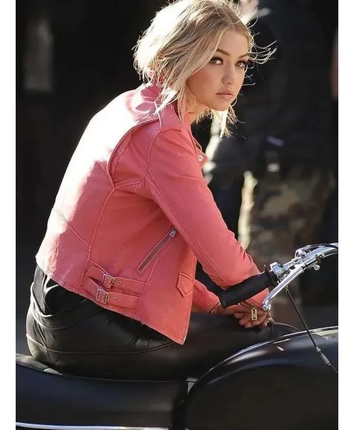 New York City 2025 Gigi Hadid Pink Biker Leather Jacket