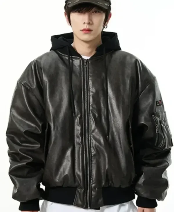 Oversized Black Leather Hooded Jacket