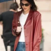 Paris 2025 Kendall Jenner Leather Maroon Blazer