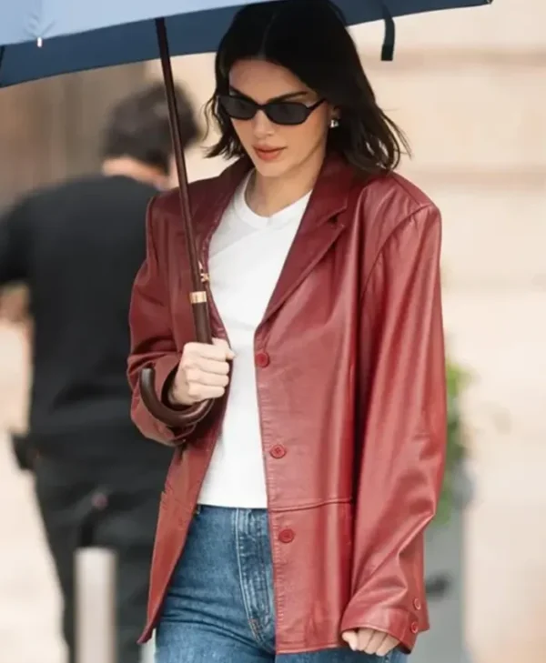 Paris 2025 Kendall Jenner Leather Maroon Blazer