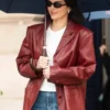 Paris 2025 Kendall Jenner Maroon Leather Blazer