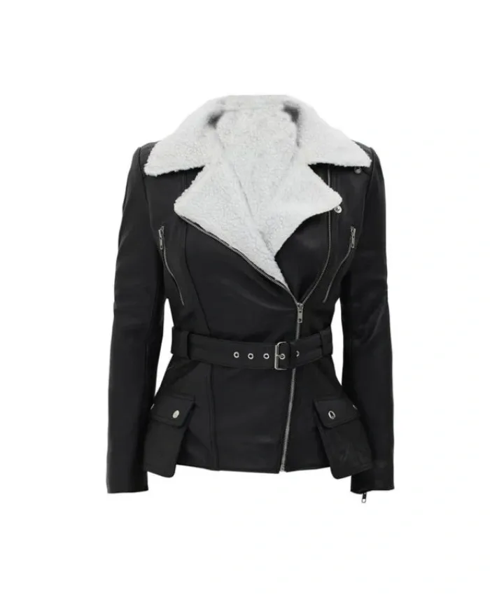 Shop Women’s Black Shearling Belted Leather Jacket