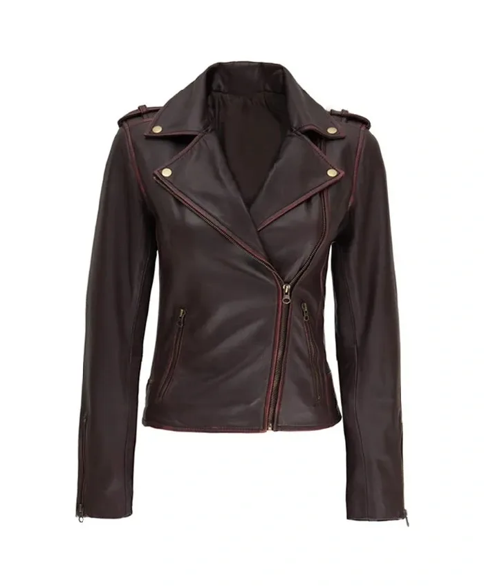Asymmetrical Design Women’s Brown Biker Leather Jacket