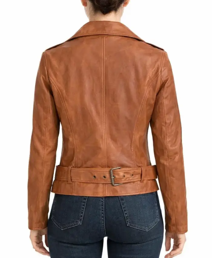 Women’s Asymmetrical Tan Brown Leather Biker Jacket