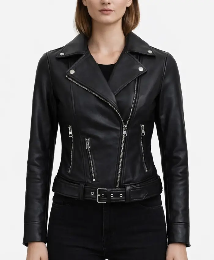 Womens Black Leather Asymmetrical Biker Jacket