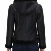 Womens Black Leather Hooded Shearling Jacket