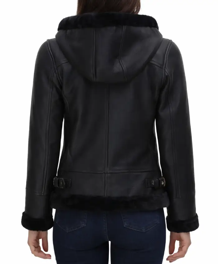 Womens Black Leather Hooded Shearling Jacket
