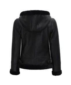 Womens Hooded Shearling Black Leather Jacket