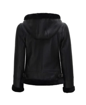 Womens Hooded Shearling Black Leather Jacket
