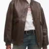 Womens Brown Leather Oversized Bomber Jacket