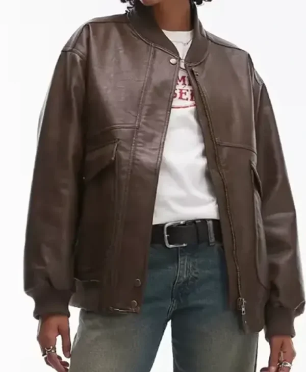 Womens Brown Leather Oversized Bomber Jacket