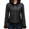 Womens Hooded Shearling Black Leather Jacket
