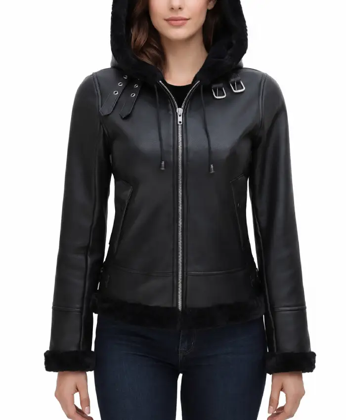 Womens Hooded Shearling Black Leather Jacket
