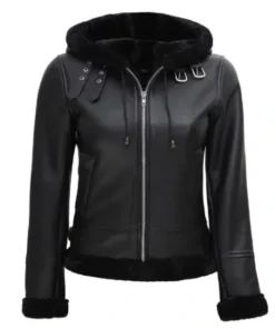 Womens Hooded Shearling Black Leather Jacket
