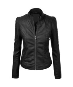 Black Leather Biker Zip-Up Jacket For Womens