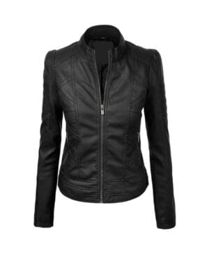 Black Leather Biker Zip-Up Jacket For Womens
