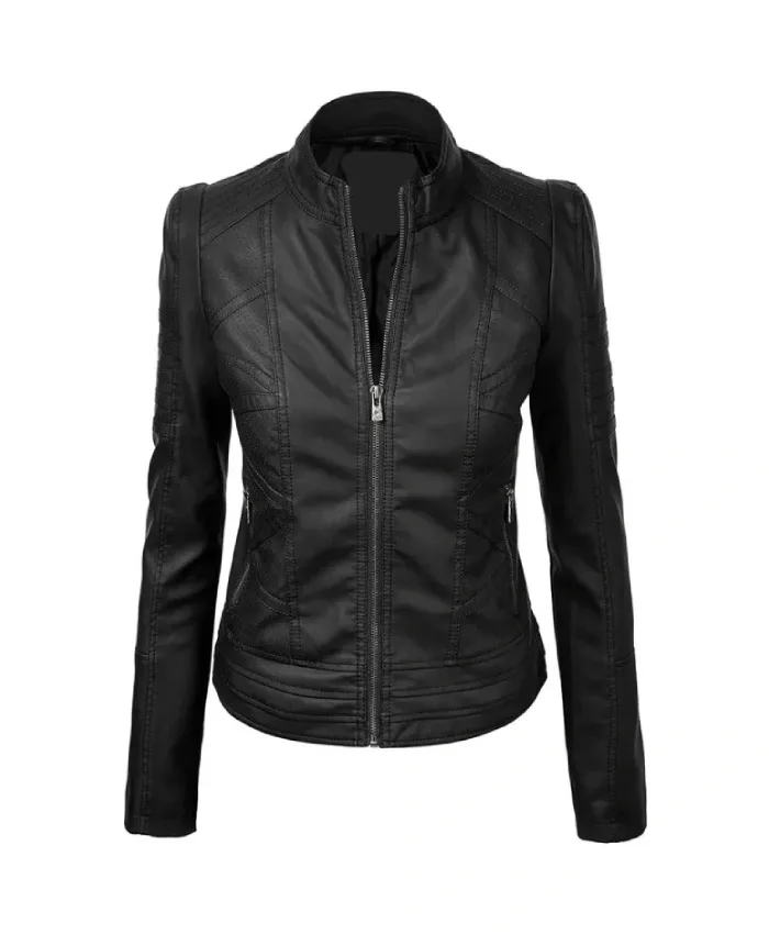Black Leather Biker Zip-Up Jacket For Womens