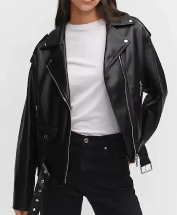 Womens Oversized Effect Biker Leather Jacket