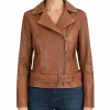 Womens Tan Brown Biker Asymmetrical Leather Jacket