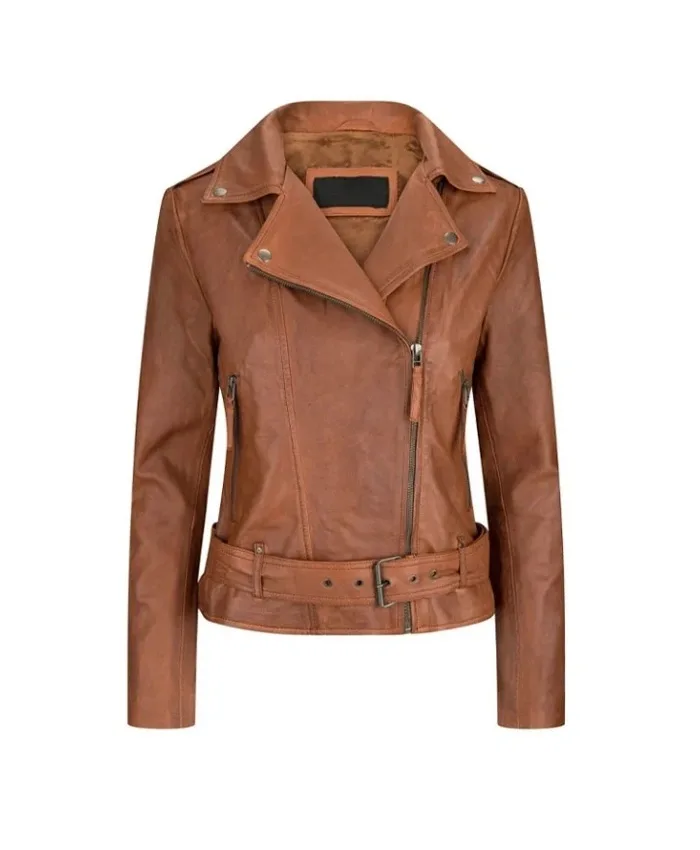 Women’s Asymmetrical Tan Brown Leather Biker Jacket