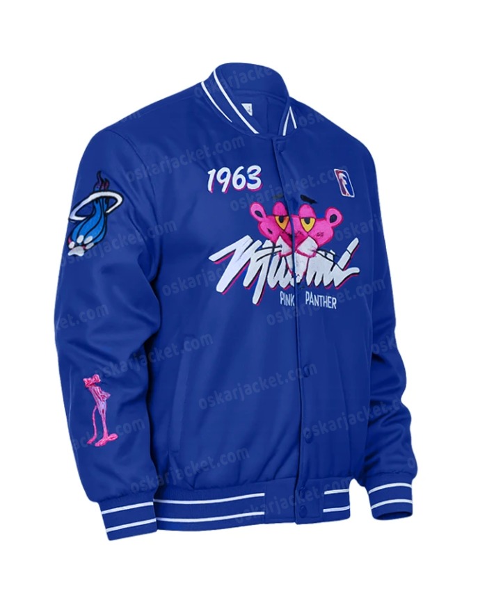 Pink Panther Miami Full-Snap Varsity Blue Satin Jacket