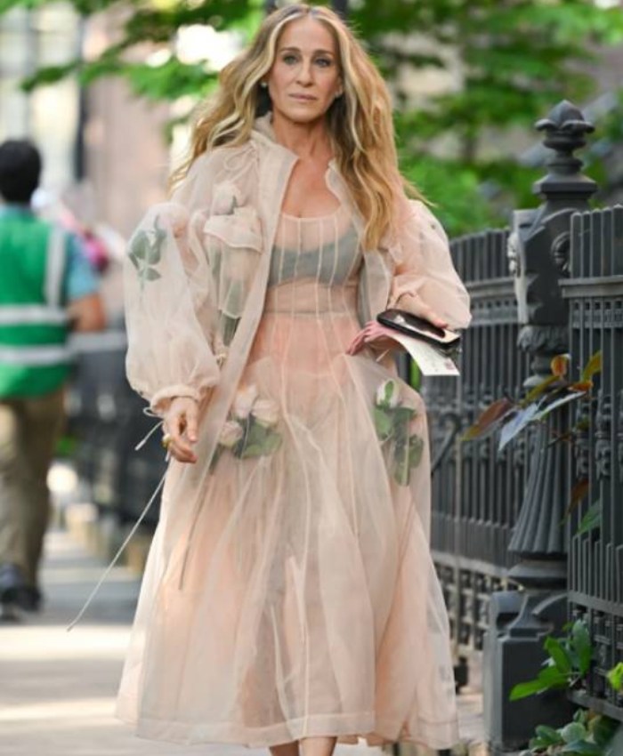 Carrie Bradshaw TV-Series And Just Like That S3 Sarah Jessica Parker Floral Applique Mesh Coat