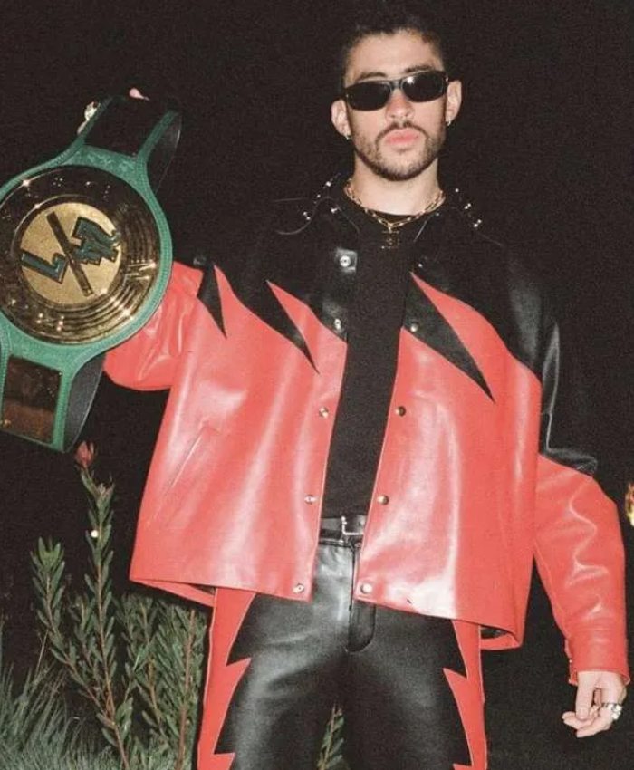 Rapper Bad Bunny Black and Red Leather Jacket