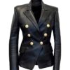Kim Kardishian Double Breasted Black Leather Blazer Coat For Women