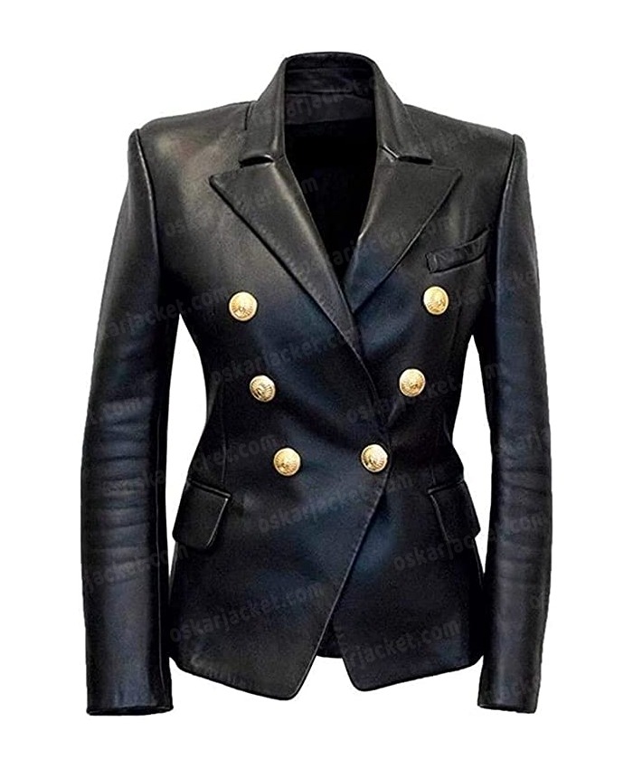 Kim Kardishian Double Breasted Black Leather Blazer Coat For Women