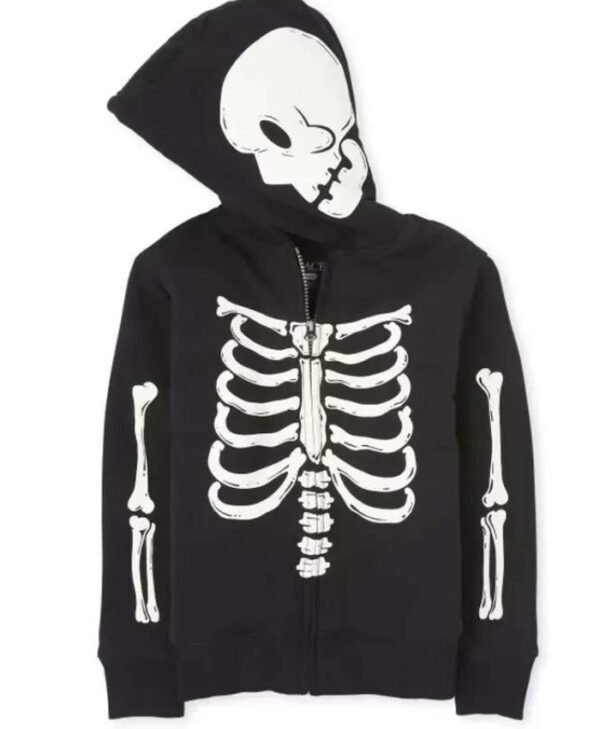 Halloween Black Zip Up Skeleton Bones Hoodie - Unisex