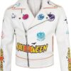 Halloween White Leather Biker Jacket with Pumpkin Patches